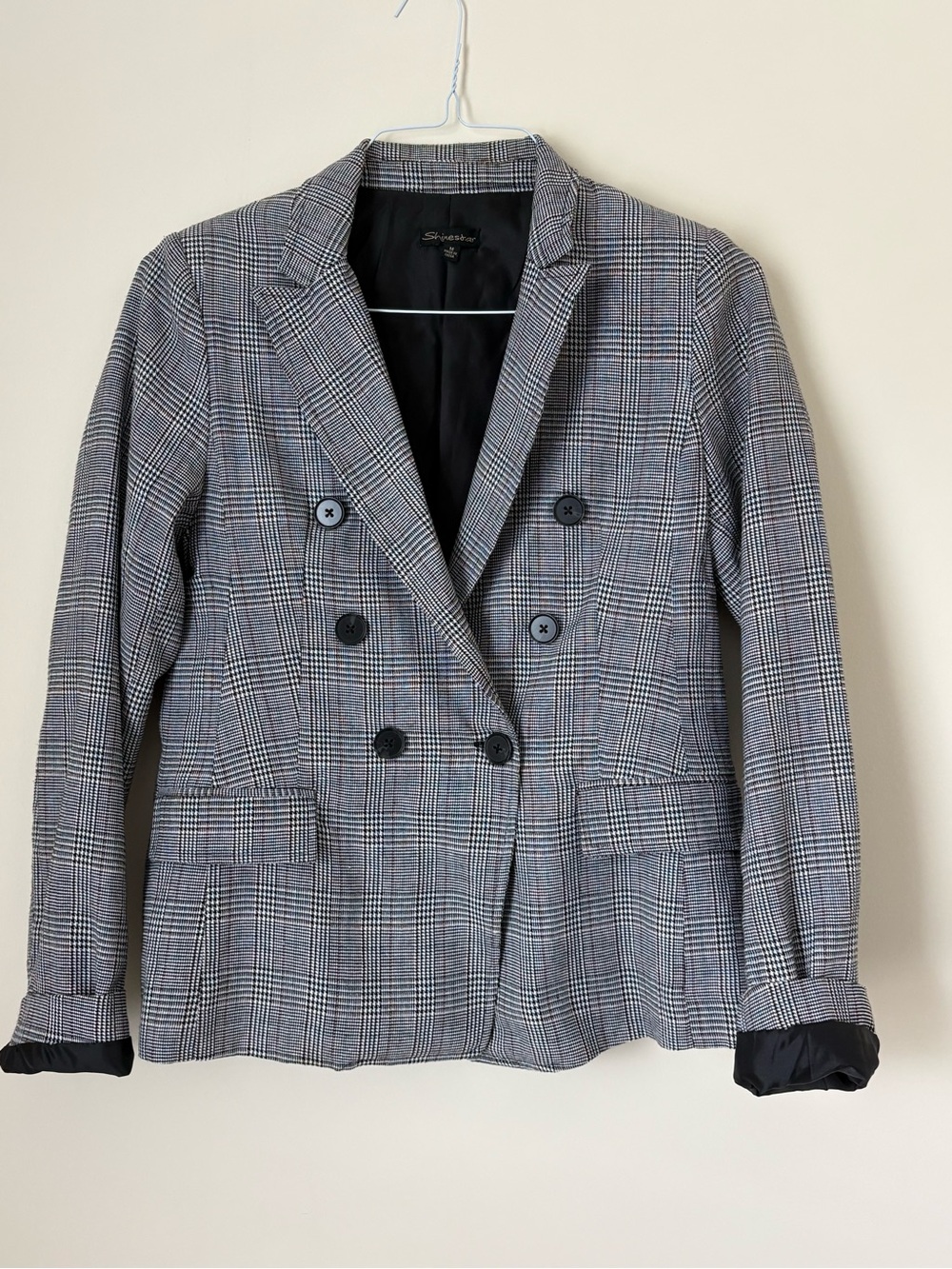 Plaid Double-Breasted Blazer in Gray and Black